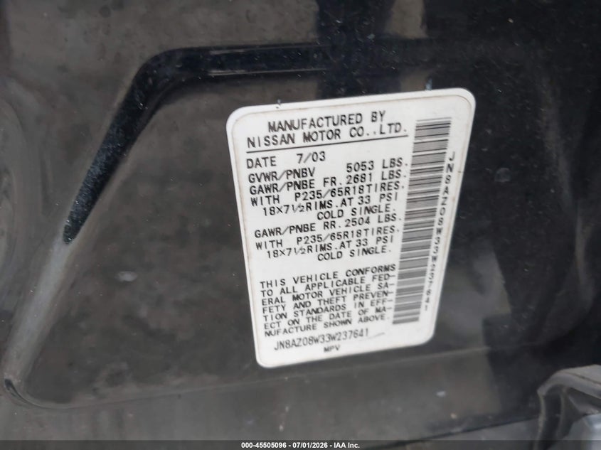 2003 Nissan Murano VIN JN8AZ08W33W237641 IAAI salvage auction — NORMAL WEAR, Clear (Washington), sold $375 on 2026-07-08 (photo 9)