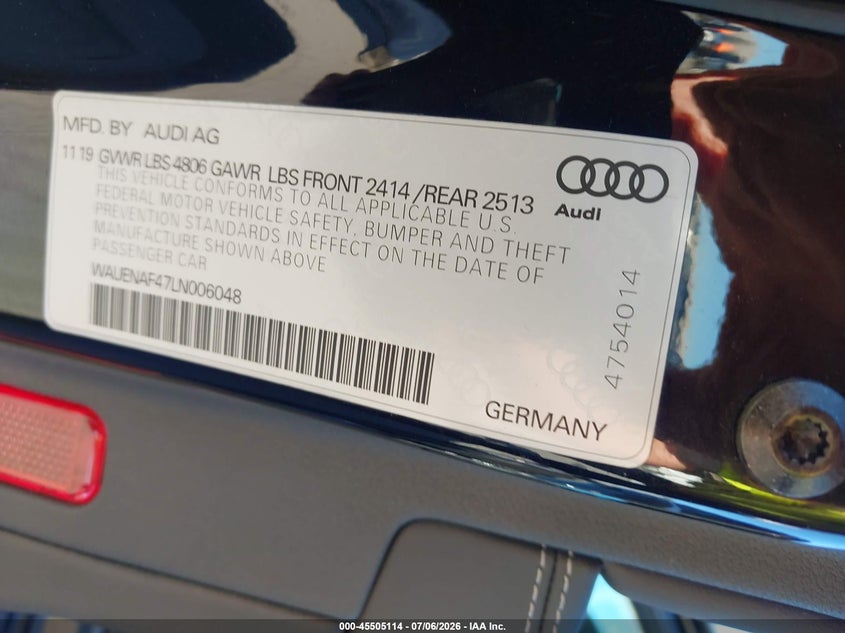 2020 Audi A4 VIN WAUENAF47LN006048 IAAI salvage auction — FRONT & REAR, Salvage (California), sold $9,700 on 2026-08-02 (photo 9)