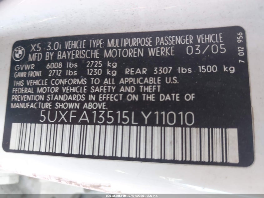 2005 BMW X5 VIN 5UXFA13515LY11010 IAAI salvage auction — NORMAL WEAR, Clear (Alabama), sold $250 on 2026-07-22 (photo 9)