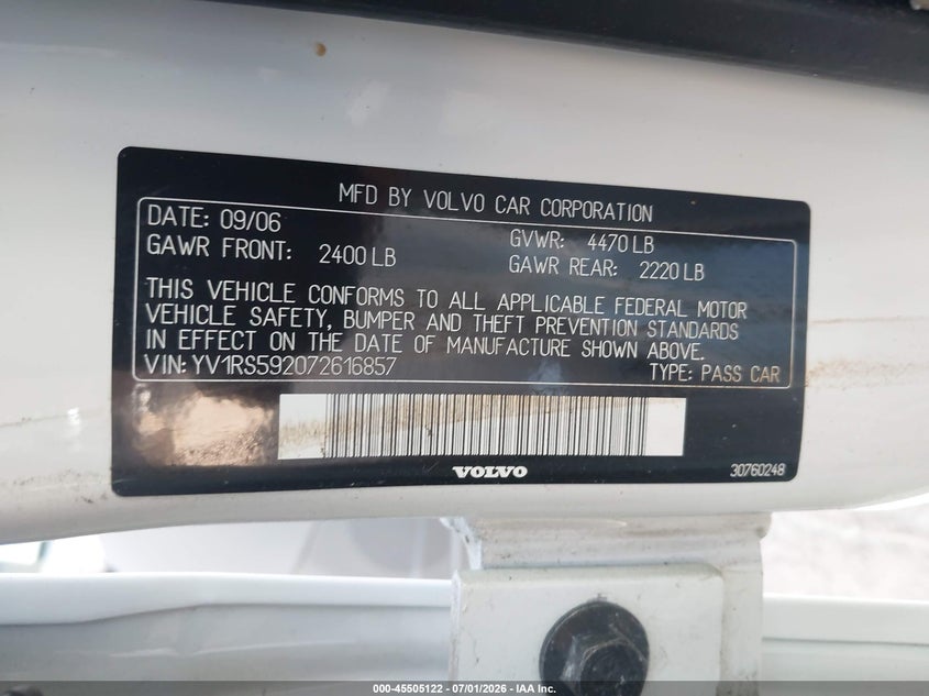 2007 Volvo S60 VIN YV1RS592072616857 IAAI salvage auction — MECHANICAL, Salvage (Tennessee), sold $300 on 2026-07-22 (photo 9)