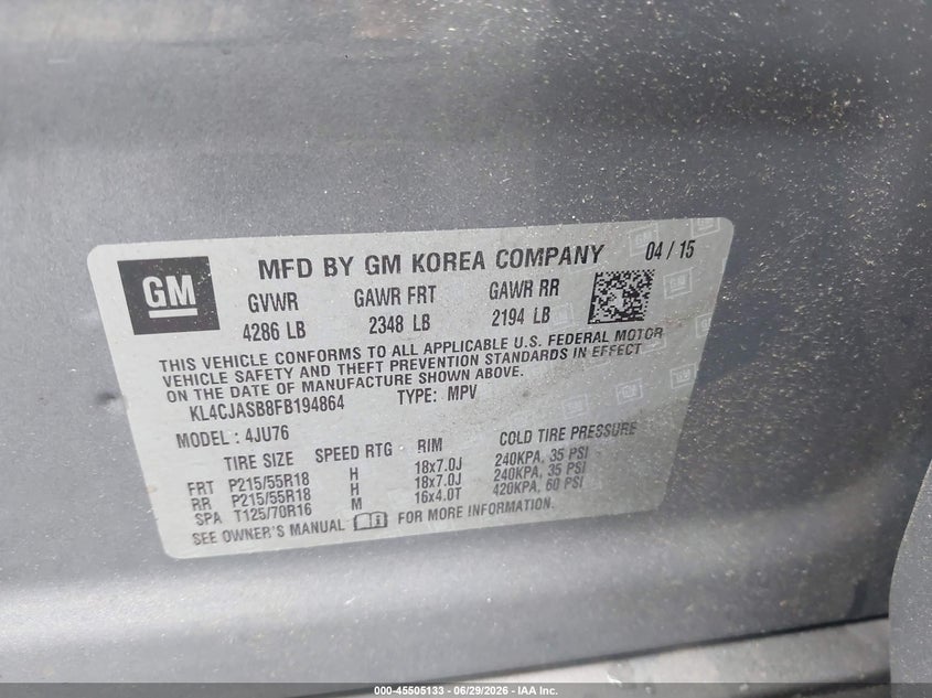 2015 Buick Encore VIN KL4CJASB8FB194864 IAAI salvage auction — FRONT END, Salvage (North Carolina), sold $575 on 2026-07-30 (photo 9)