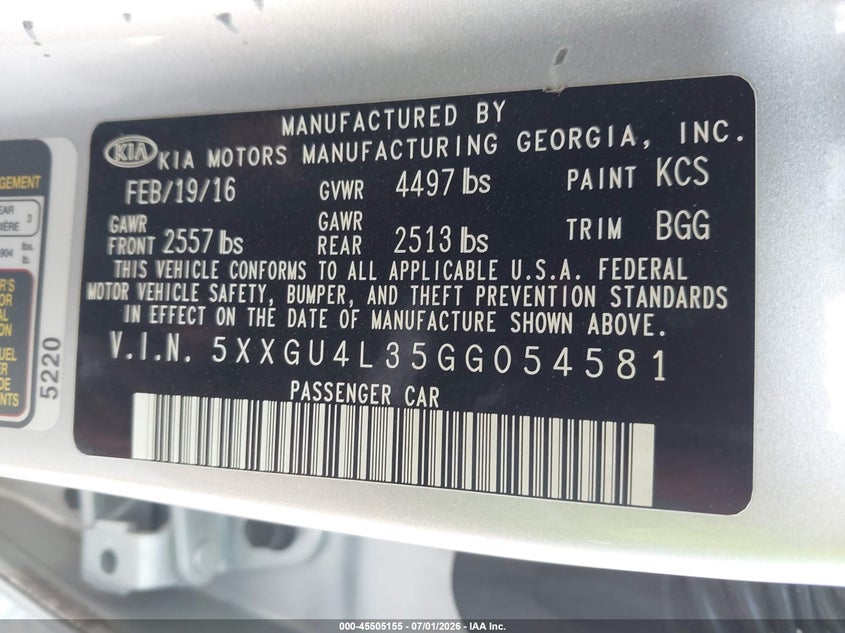 2016 Kia Optima VIN 5XXGU4L35GG054581 IAAI salvage auction — ROLLOVER, Salvage (Tennessee), sold $675 on 2026-07-15 (photo 9)