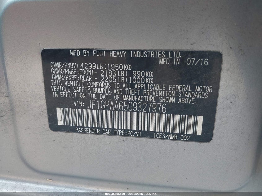 2016 Subaru Impreza VIN JF1GPAA65G9327976 IAAI salvage auction — LEFT FRONT, Salvage (Pennsylvania), sold $750 on 2026-07-31 (photo 9)