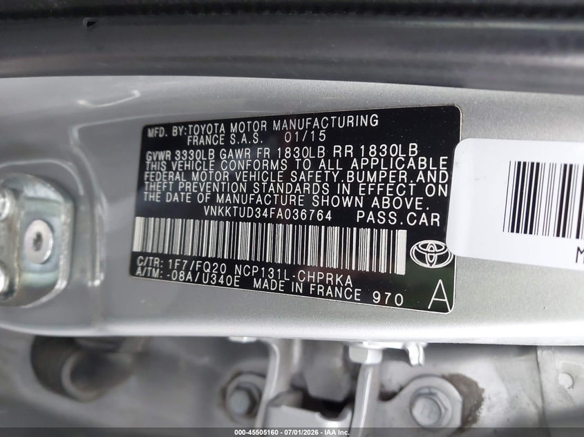 2015 Toyota Yaris VIN VNKKTUD34FA036764 IAAI salvage auction — FRONT END, Salvage Title, sold $1,500 on 2026-07-17 (photo 9)