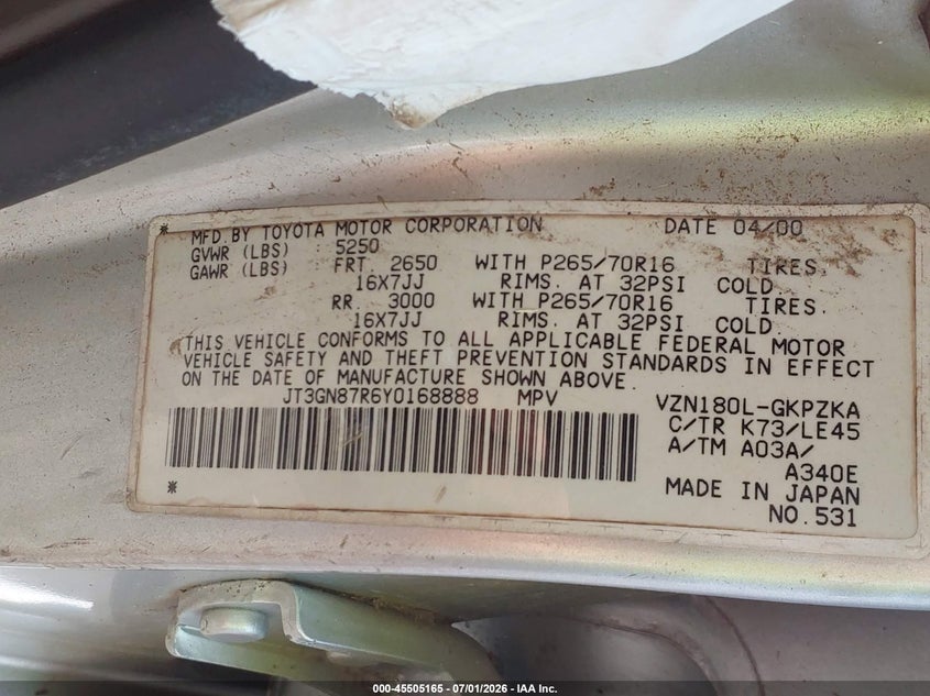 2000 Toyota 4runner VIN JT3GN87R6Y0168888 IAAI salvage auction — NORMAL WEAR, Clear (Louisiana), sold $2,550 on 2026-07-14 (photo 9)