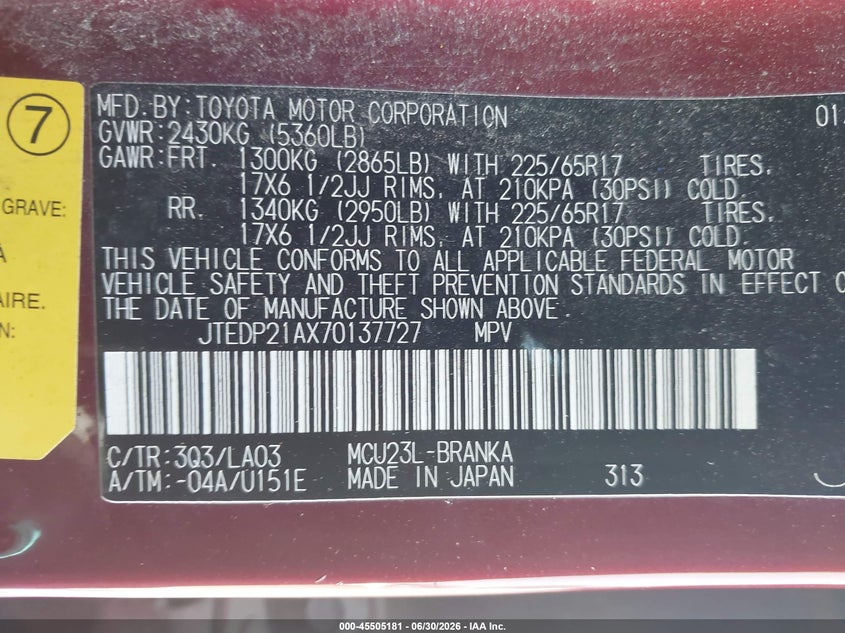2007 Toyota Highlander VIN JTEDP21AX70137727 IAAI salvage auction — NORMAL WEAR, Clear (South Carolina), sold $525 on 2026-07-08 (photo 9)