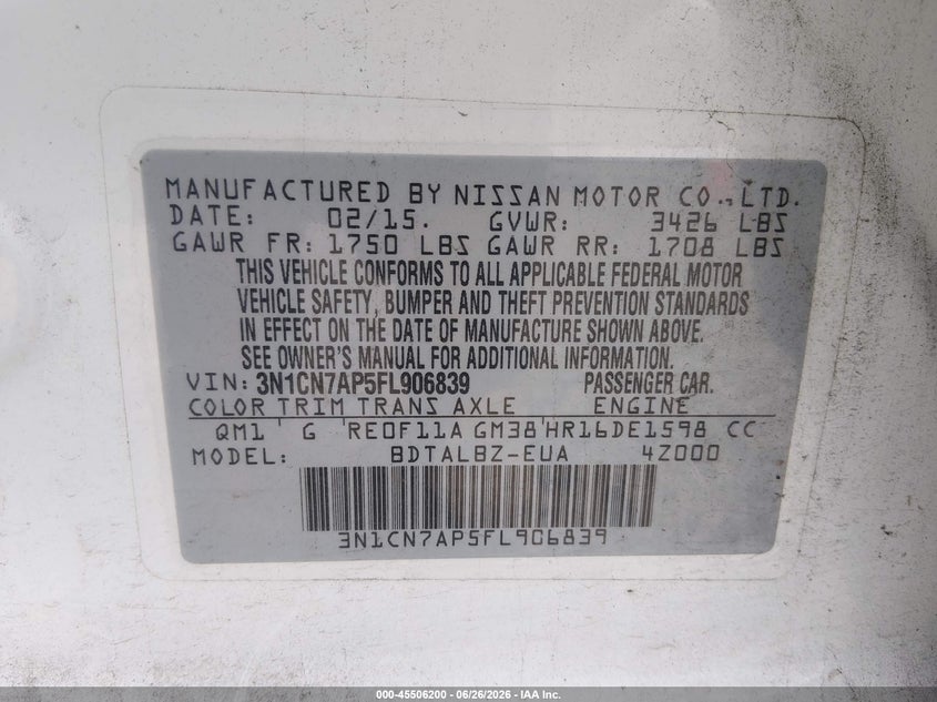 2015 Nissan Versa VIN 3N1CN7AP5FL906839 IAAI salvage auction — NORMAL WEAR, Peddle Clear Public-Restricted (Oregon), sold $150 on 2026-07-11 (photo 9)