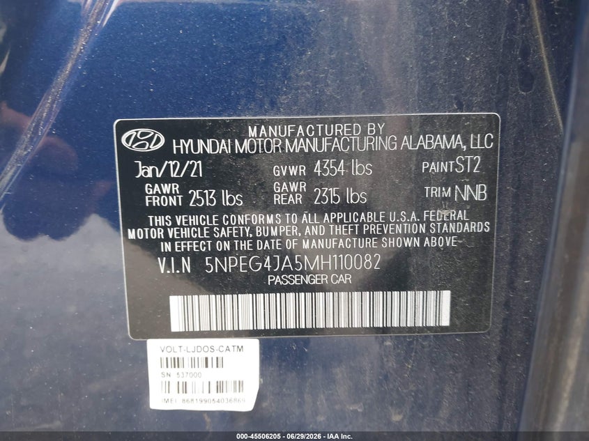 2021 Hyundai Sonata VIN 5NPEG4JA5MH110082 IAAI salvage auction — BIO HAZARD, Salvage Title, sold $4,150 on 2026-07-29 (photo 9)