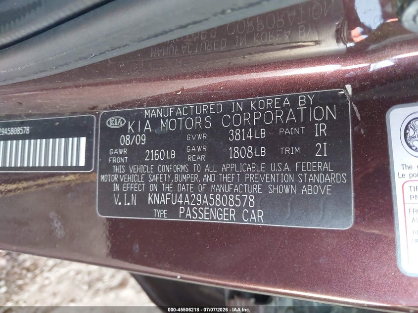 2010 Kia Forte VIN KNAFU4A29A5808578 IAAI salvage auction — LEFT FRONT, Salvage (Arizona), sold $675 on 2026-07-11 (photo 9)