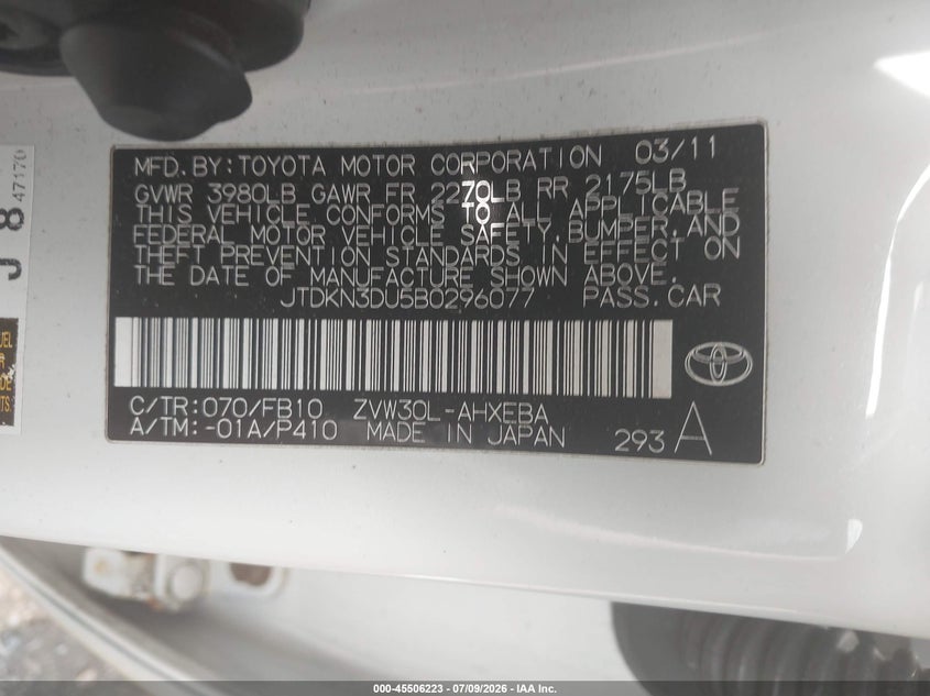 2011 Toyota Prius VIN JTDKN3DU5B0296077 IAAI salvage auction — REAR END, Clear (Massachusetts), sold $25 on 2026-07-21 (photo 9)