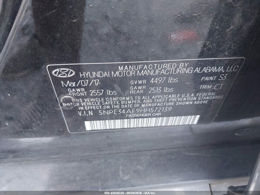 2017 Hyundai Sonata VIN 5NPE34AF9HH572139 IAAI salvage auction — SIDE, Salvage (Georgia), sold $1,550 on 2026-07-23 (photo 9)