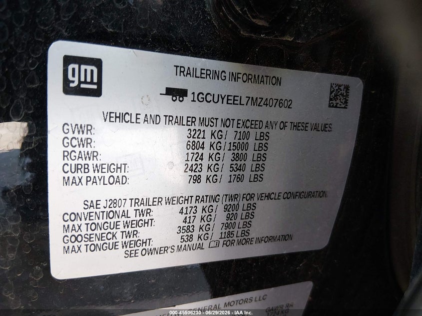 2021 Chevrolet Silverado VIN 1GCUYEEL7MZ407602 IAAI salvage auction — LEFT FRONT, Salvage Title, sold $9,600 on 2026-08-01 (photo 9)