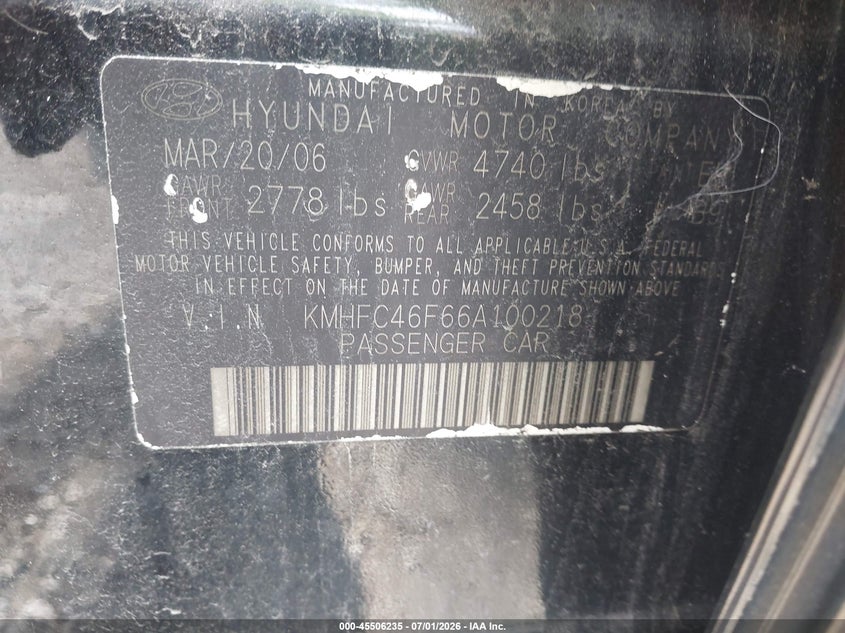 2006 Hyundai Azera VIN KMHFC46F66A100218 IAAI salvage auction — NORMAL WEAR, Clear-Endorsement (Wisconsin), sold $1,400 on 2026-07-14 (photo 9)