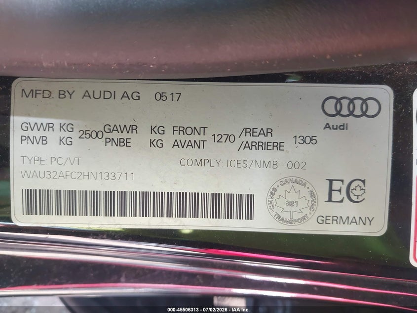 2017 Audi A7 VIN WAU32AFC2HN133711 IAAI salvage auction — FRONT END, Salvage Title, sold $125 on 2026-07-28 (photo 9)