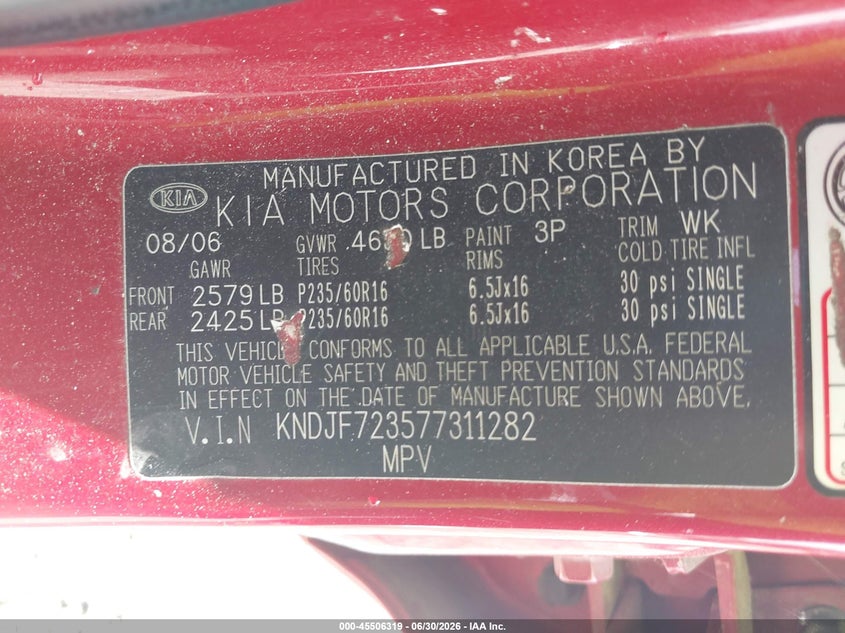 2007 Kia Sportage VIN KNDJF723577311282 IAAI salvage auction — NORMAL WEAR, Clear (Arkansas), sold $300 on 2026-07-09 (photo 9)
