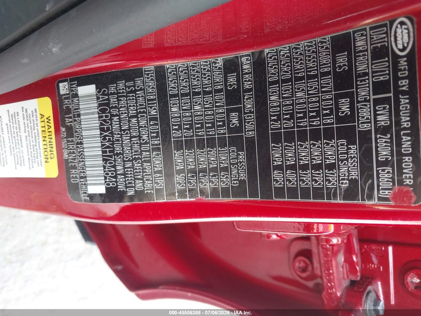 2019 Land rover Discovery sport VIN SALCR2FX5KH794848 IAAI salvage auction — REAR END, Salvage (Virginia), sold $25 on 2026-07-28 (photo 9)