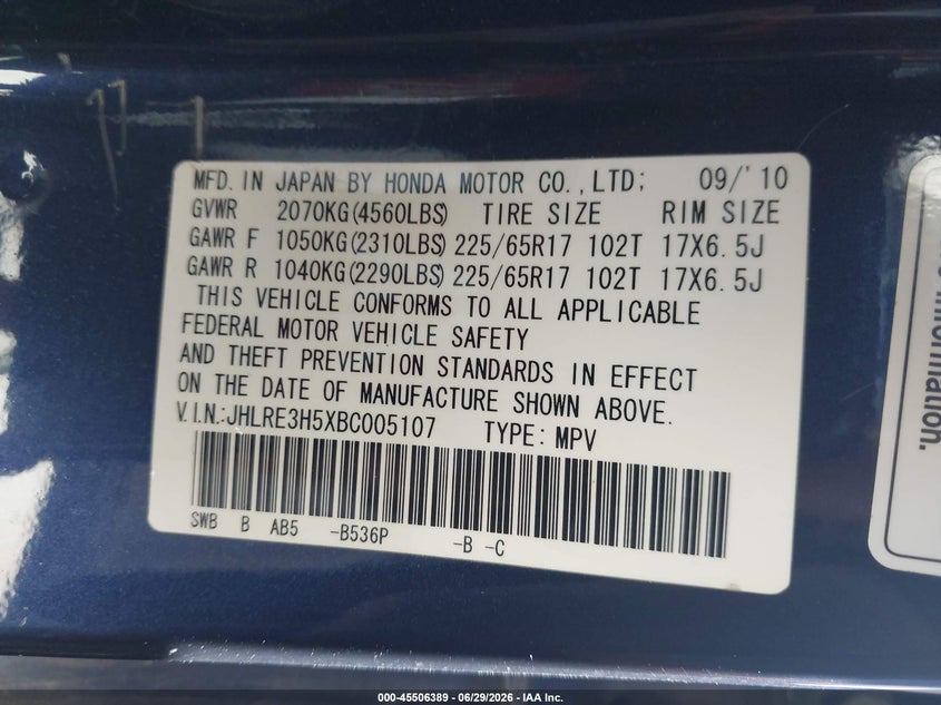 2011 Honda Cr-v VIN JHLRE3H5XBC005107 IAAI salvage auction — FRONT END, Salvage (California), sold $1,400 on 2026-08-02 (photo 9)