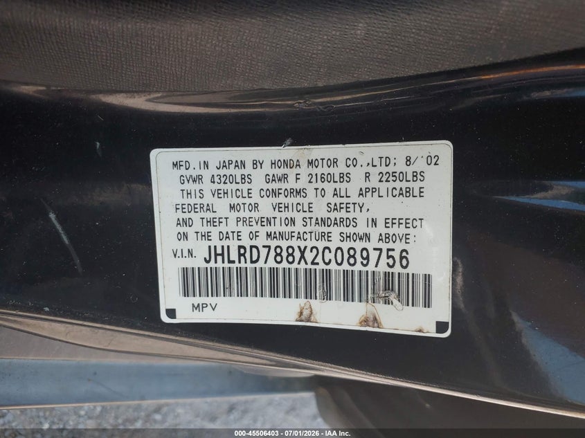 2002 Honda Cr-v VIN JHLRD788X2C089756 IAAI salvage auction — NORMAL WEAR, Original (Ohio), sold $300 on 2026-07-27 (photo 9)
