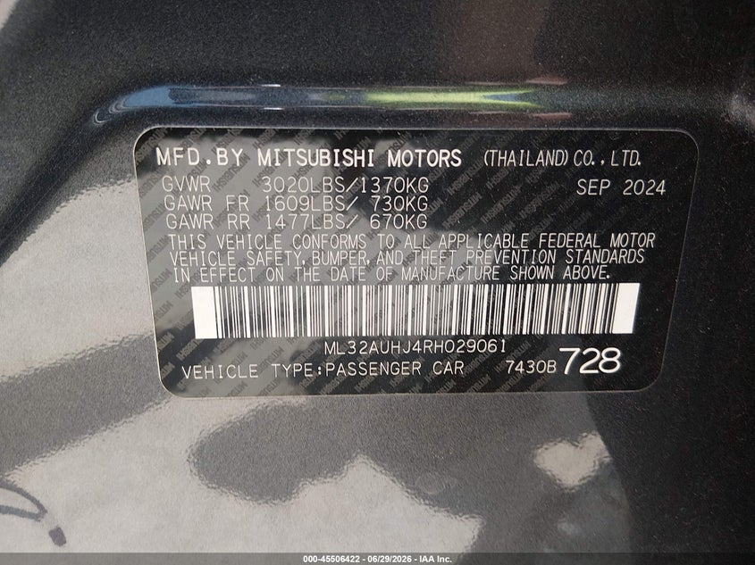 2024 Mitsubishi Mirage VIN ML32AUHJ4RH029061 IAAI salvage auction — FRONT END, Enterprise Vehicles Clear Only (Florida), sold $8,550 on 2026-07-06 (photo 9)