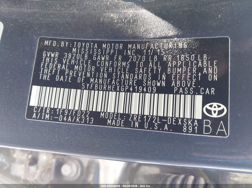 2016 Toyota Corolla VIN 5YFBURHEXGP419409 IAAI salvage auction — FRONT END, Salvage (California), sold $2,600 on 2026-07-10 (photo 9)