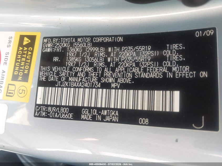 2010 Lexus Rx 350 VIN JTJZK1BAXA2401734 IAAI salvage auction — FRONT END, Salvage (North Carolina), sold $3,550 on 2026-07-17 (photo 9)