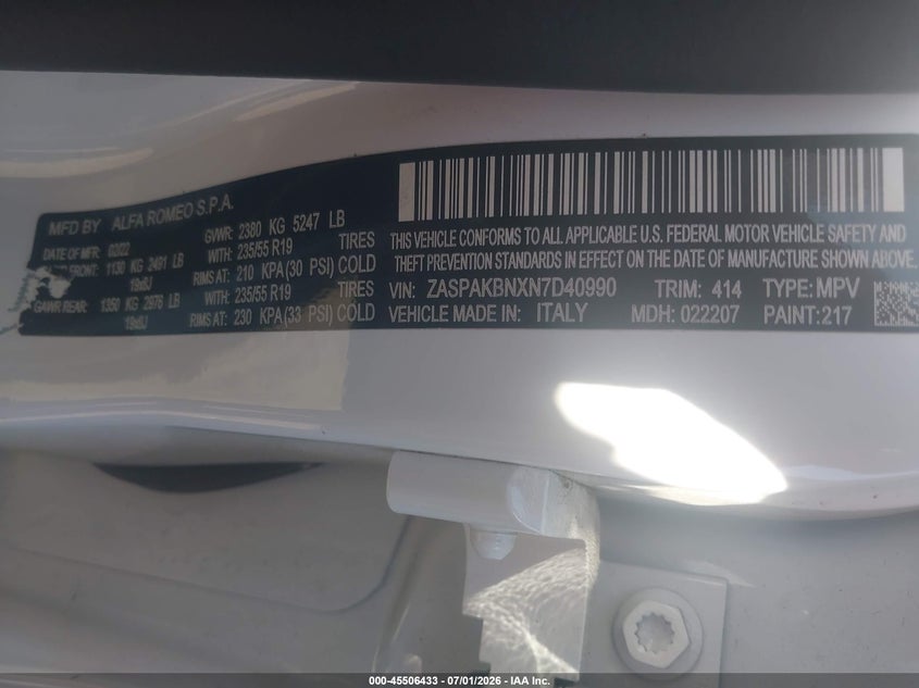 2022 Alfa romeo Stelvio VIN ZASPAKBNXN7D40990 IAAI salvage auction — FRONT END, Salvage (Massachusetts), sold $9,450 on 2026-08-21 (photo 9)