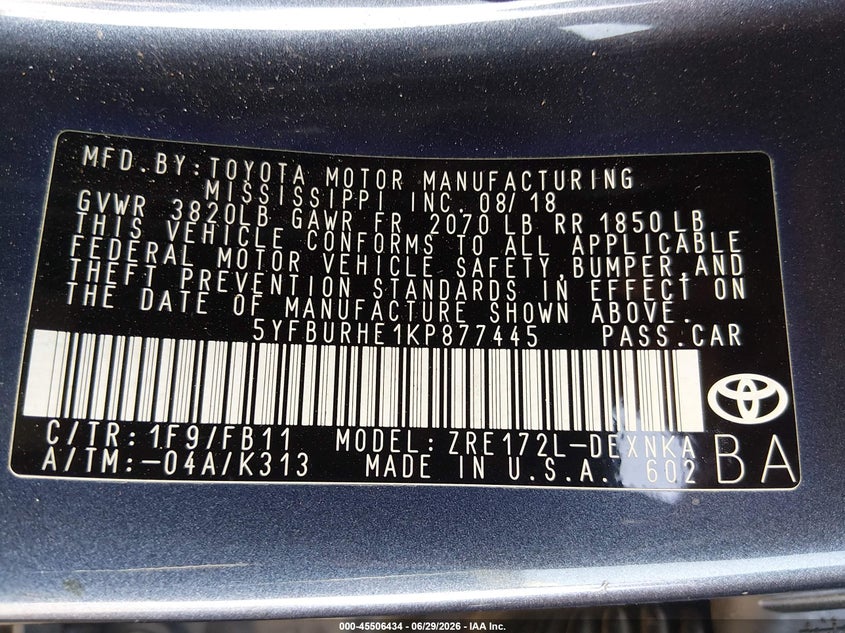 2019 Toyota Corolla VIN 5YFBURHE1KP877445 IAAI salvage auction — FRONT END, Salvage (Mississippi), sold $3,700 on 2026-07-31 (photo 9)