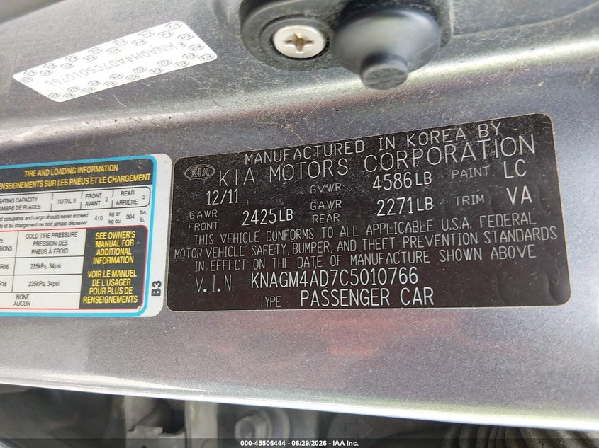 2012 Kia Optima VIN KNAGM4AD7C5010766 IAAI salvage auction — NORMAL WEAR, Clear (Kansas), sold $2,200 on 2026-07-08 (photo 9)