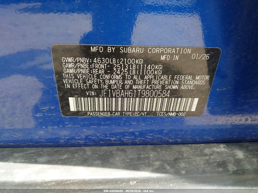 2026 Subaru Wrx VIN JF1VBAH61T9800584 IAAI salvage auction — FRONT END, Salvage Title, sold $10,500 on 2026-08-23 (photo 9)