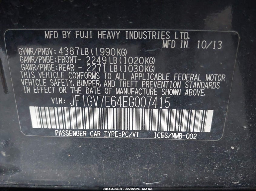 2014 Subaru Impreza wrx VIN JF1GV7E64EG007415 IAAI salvage auction — FRONT END, Salvage Title, sold $1,300 on 2026-07-16 (photo 9)
