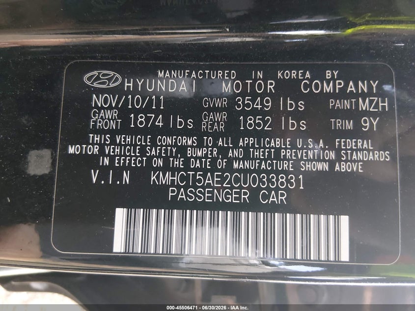 2012 Hyundai Accent VIN KMHCT5AE2CU033831 IAAI salvage auction — FRONT & REAR, Salvage (Louisiana), sold $350 on 2026-07-27 (photo 9)