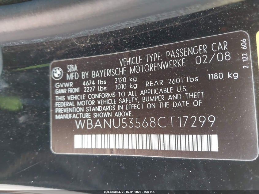 2008 BMW 5 series VIN WBANU53568CT17299 IAAI salvage auction — FRONT & REAR, Clear (Michigan), sold $425 on 2026-07-23 (photo 9)