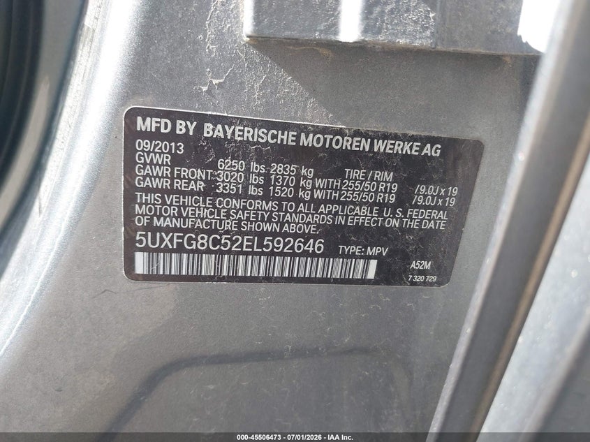 2014 BMW X6 VIN 5UXFG8C52EL592646 IAAI salvage auction — NORMAL WEAR, Clear (Indiana), sold $475 on 2026-07-21 (photo 9)