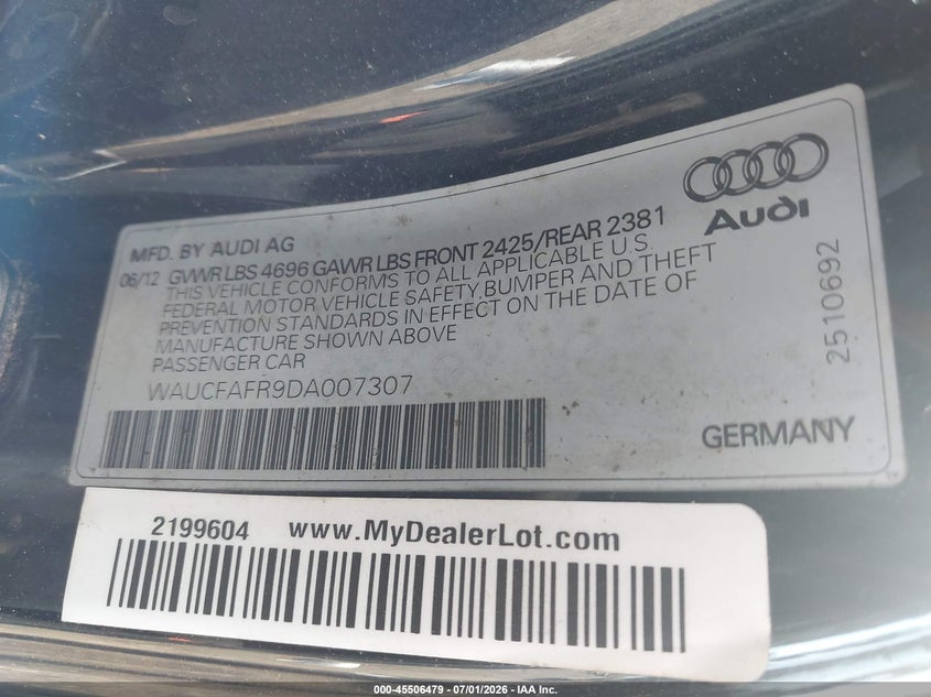 2013 Audi A5 VIN WAUCFAFR9DA007307 IAAI salvage auction — NORMAL WEAR, Clear (New York), sold $1,000 on 2026-07-07 (photo 9)