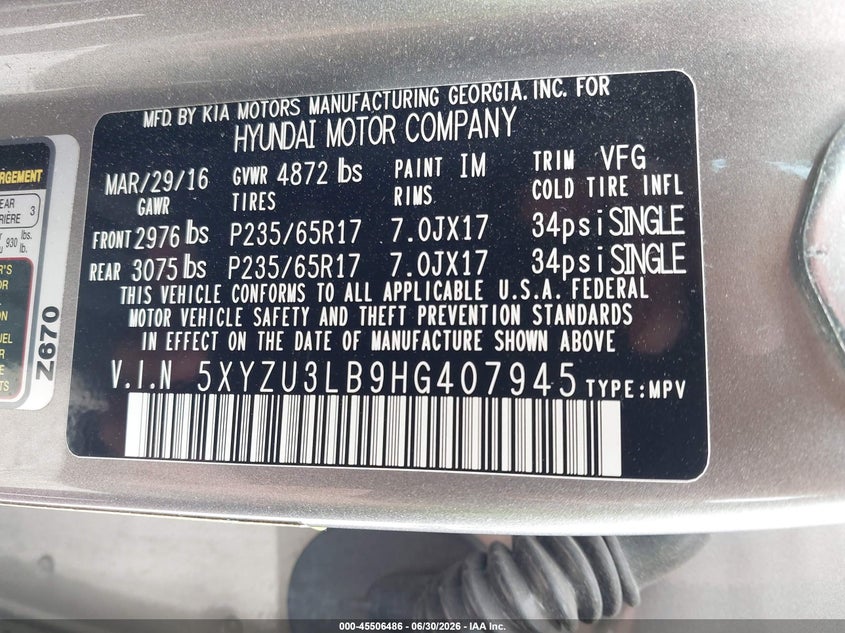 2017 Hyundai Santa fe VIN 5XYZU3LB9HG407945 IAAI salvage auction — FRONT END, Salvage Title, sold $2,300 on 2026-08-01 (photo 9)