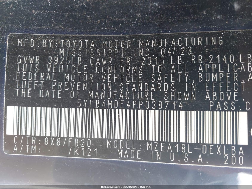 2023 Toyota Corolla VIN 5YFB4MDE4PP038714 IAAI salvage auction — REAR END, Salvage Title, sold $2,300 on 2026-08-02 (photo 9)