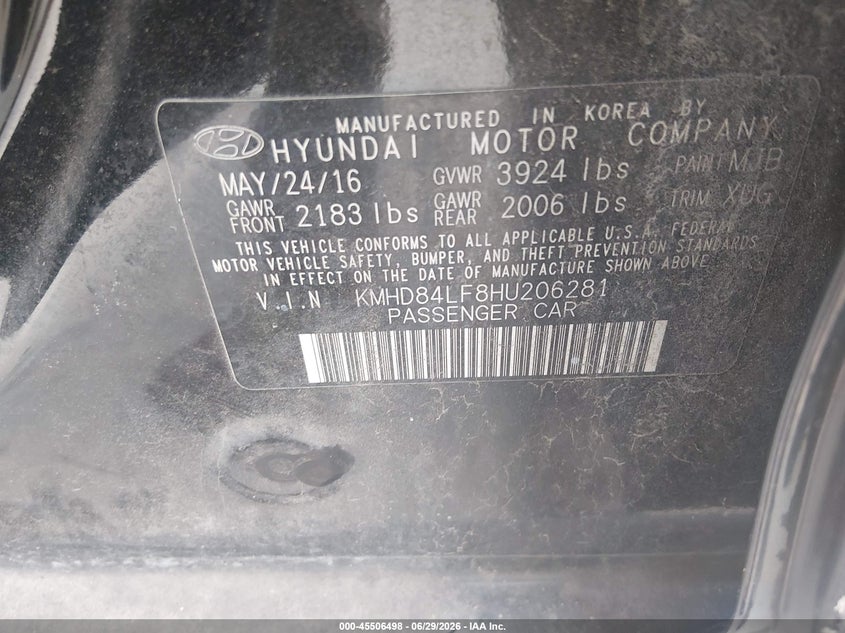 2017 Hyundai Elantra VIN KMHD84LF8HU206281 IAAI salvage auction — SIDE, Salvage (Texas), sold $1,475 on 2026-07-24 (photo 9)