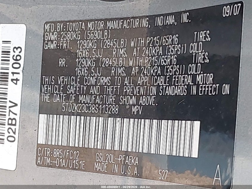 2008 Toyota Sienna VIN 5TDZK23C38S113288 IAAI salvage auction — LEFT REAR, Clear (Indiana), sold $825 on 2026-07-10 (photo 9)