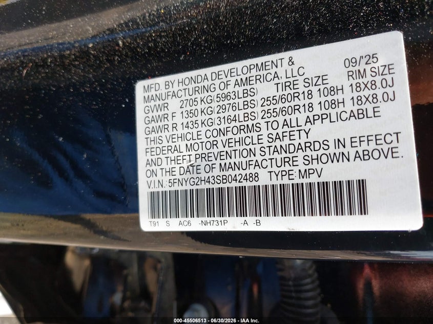 2025 Honda Pilot VIN 5FNYG2H43SB042488 IAAI salvage auction — LEFT FRONT, Salvage (Mississippi), sold $12,000 on 2026-09-03 (photo 9)