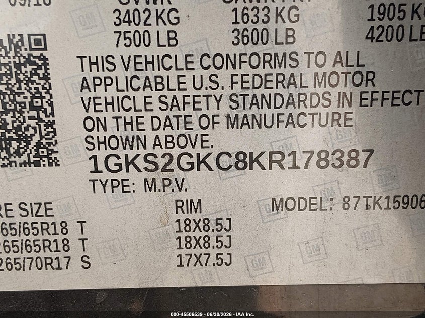 2019 Gmc Yukon VIN 1GKS2GKC8KR178387 IAAI salvage auction — LEFT FRONT, Salvage Title, sold $1,700 on 2026-09-07 (photo 9)