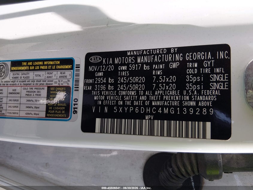 2021 Kia Telluride VIN 5XYP6DHC4MG139289 IAAI salvage auction — FRONT END, Salvage Title, sold $4,650 on 2026-07-23 (photo 9)