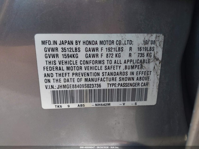 2009 Honda Fit VIN JHMGE88409S023736 IAAI salvage auction — FRONT END, Mv-907A (New York), sold $250 on 2026-07-15 (photo 9)