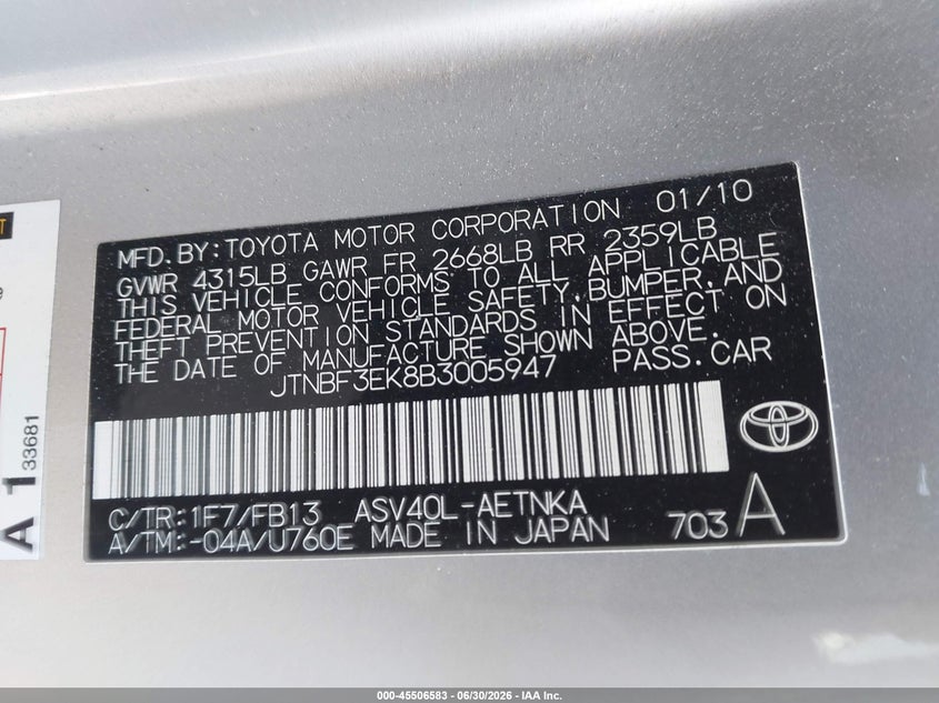 2011 Toyota Camry VIN JTNBF3EK8B3005947 IAAI salvage auction — FRONT & REAR, Salvage (California), sold $1,650 on 2026-07-27 (photo 9)