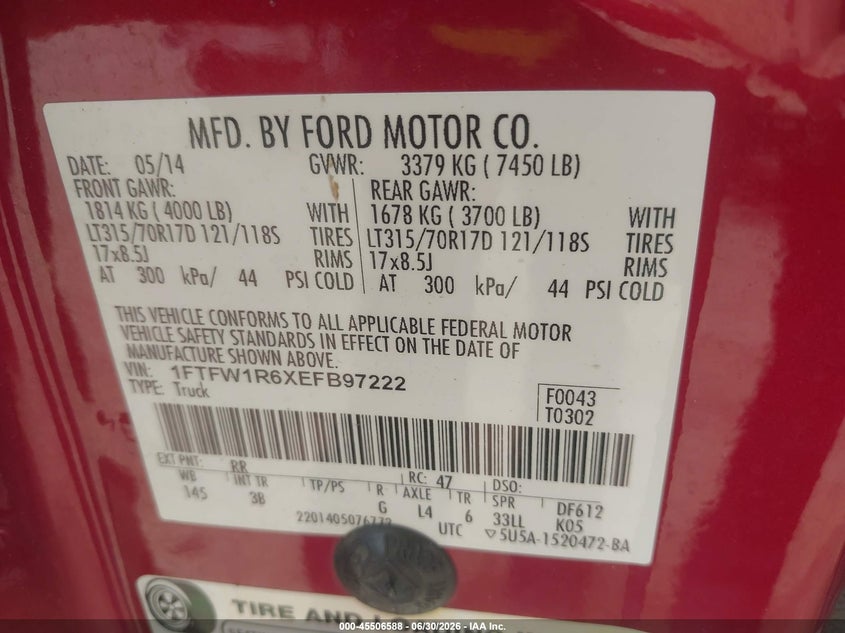 2014 Ford F-150 VIN 1FTFW1R6XEFB97222 IAAI salvage auction — FRONT END, Salvage (Ohio), sold $4,050 on 2026-07-18 (photo 9)