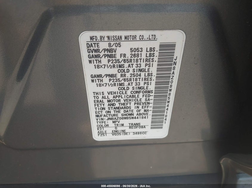 2005 Nissan Murano VIN JN8AZ08W85W441841 IAAI salvage auction — FRONT END, Clear (New York), sold $800 on 2026-07-28 (photo 9)