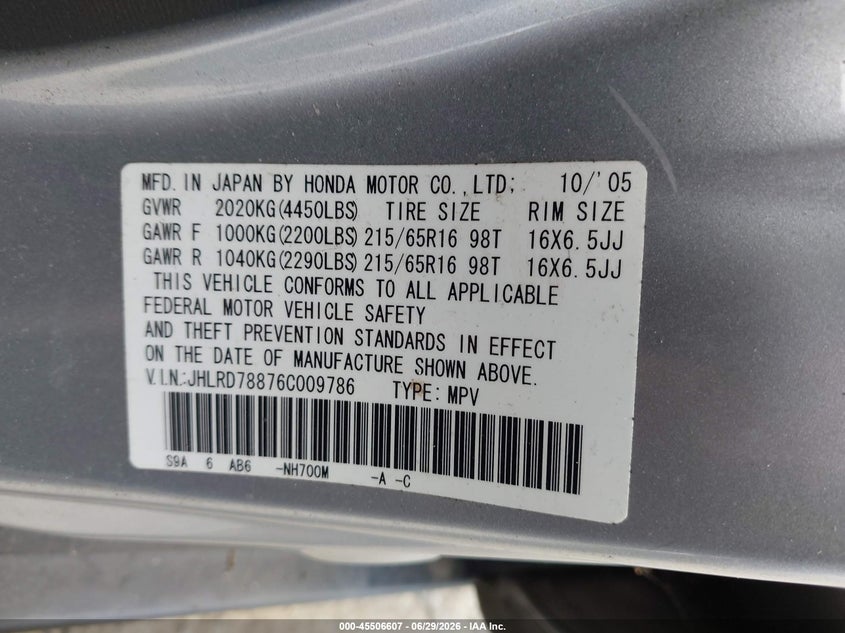 2006 Honda Cr-v VIN JHLRD78876C009786 IAAI salvage auction — NORMAL WEAR, Clear (Washington), sold $2,100 on 2026-07-08 (photo 9)
