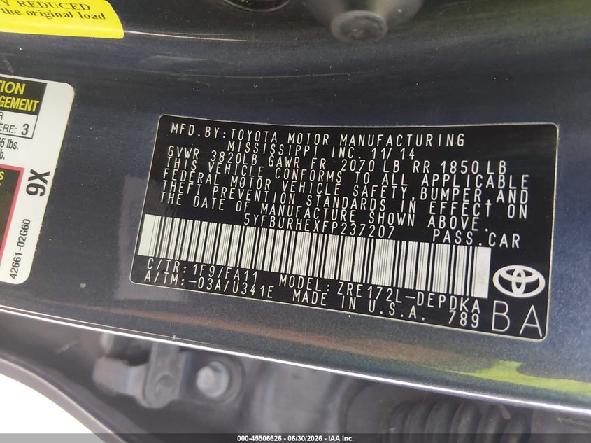 2015 Toyota Corolla VIN 5YFBURHEXFP237207 IAAI salvage auction — FRONT END, Salvage (Texas), sold $2,450 on 2026-07-10 (photo 9)