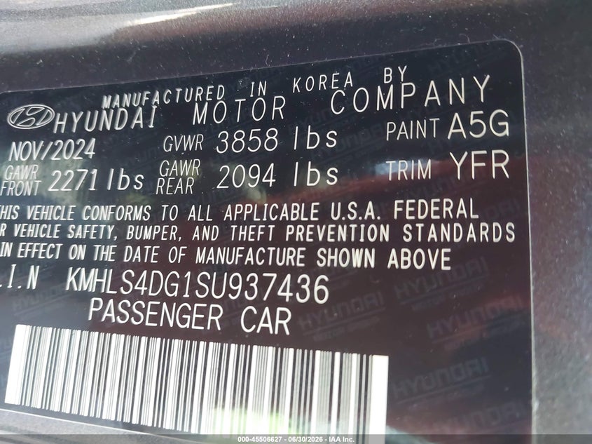 2025 Hyundai Elantra VIN KMHLS4DG1SU937436 IAAI salvage auction — FRONT END, Salvage (Alabama), sold $5,700 on 2026-08-01 (photo 9)