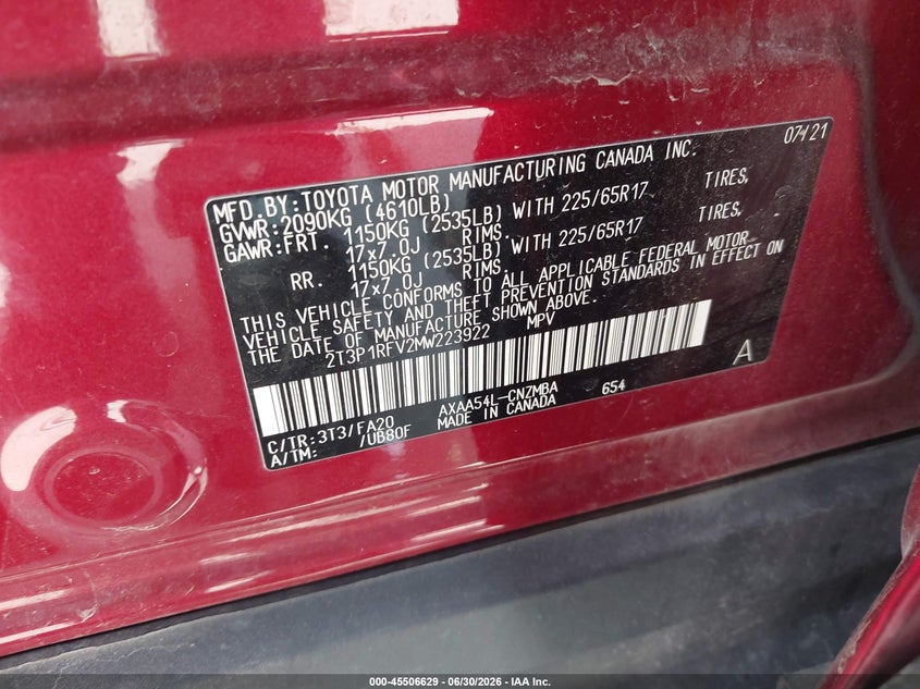 2021 Toyota Rav 4 VIN 2T3P1RFV2MW223922 IAAI salvage auction — FRONT END, Salvage Title, sold $10,250 on 2026-09-01 (photo 9)
