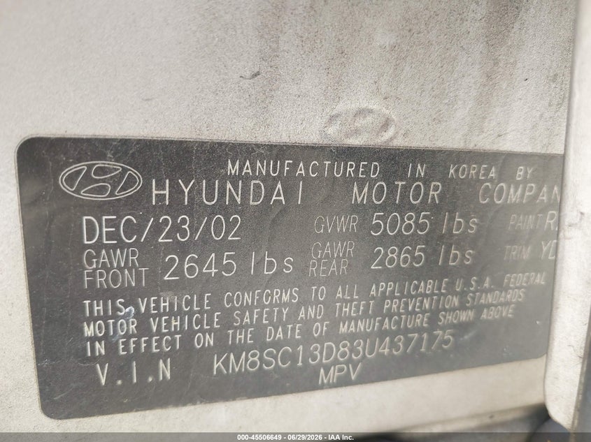 2003 Hyundai Santa fe VIN KM8SC13D83U437175 IAAI salvage auction — LEFT FRONT, Salvage (Alabama), sold $225 on 2026-07-29 (photo 9)